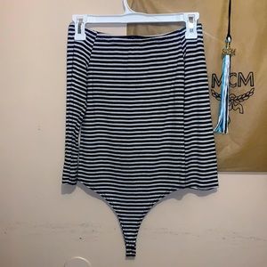 Off the shoulder quarter sleeve black and white striped body suit